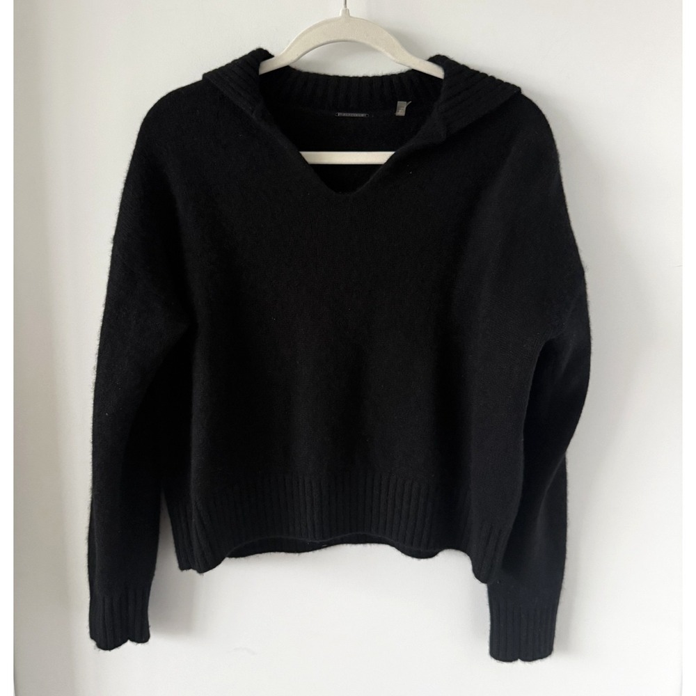 Elie Tahari 100% Cashmere Wide Ribbed Shawl Collar Spilt V-Neck Sweater Black S